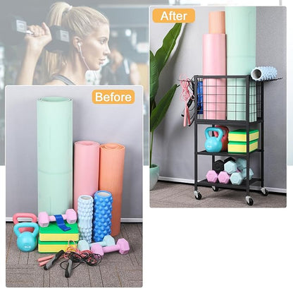 Weight Rack for Home Gym Dumbbells Yoga Mat Storage Rack Cart Small Metal Wood Home Gym Workout Equipment Storage with Hooks for Yoga Block Foam Rollers Resistance Bands
