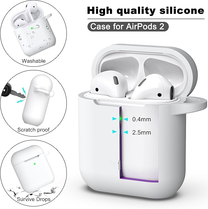 R-fun Compatible with AirPods Case Cover, Soft Silicone Protective Cover with Keychain for Women Men Compatible with Apple AirPods 2nd 1st Generation Charging Case, Front LED Visible,White