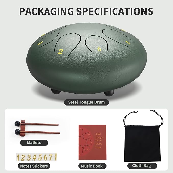 Rain Drum for Outside Garden, 6 Inches 8 Notes Steel Tongue Chakra Drums, Waterproof Meditation Rain Chime, Musical Instruments for Adult Gift with Bag, Music Book, Drum Mallets (Green)