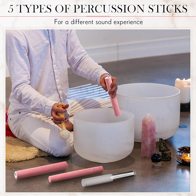 Nuanchu 5 Pcs Crystal Singing Bowl Mallet Set Includes Sheepskin Solid and Hollow Sound Sticks Singing Bowl Rubber Mallet with Wood Handle Clear Acrylic Striker for Playing (Pink)