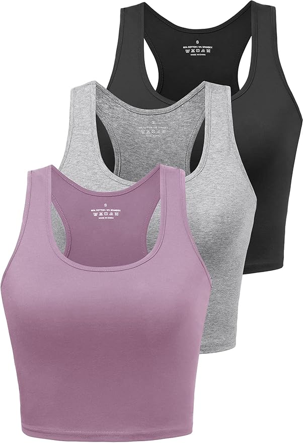 Porvike Sports Crop Tank Tops for Women Cropped Workout Tops Racerback Running Yoga Tanks Cotton Sleeveless Gym Shirts 3 Pack