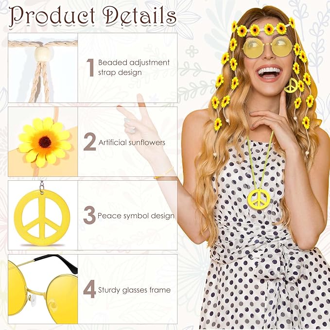 6 Pcs Hippie Costume Accessories Set, Flower Hippie Headband Boho Peace Sign Necklace Earrings Sunglasses Bracelet