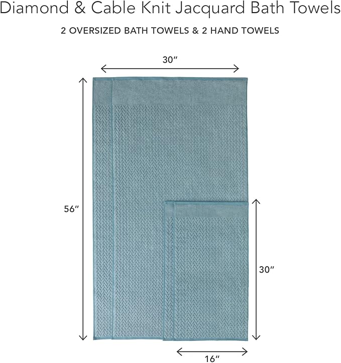 Texere 100% Organic Cotton Jacquard 650 GSM Premium Bath Towel Sets - Extra Absorbent Quick Dry and Plush (Cable, Smoke Blue, 2 Bath & 2 Hand Towels)