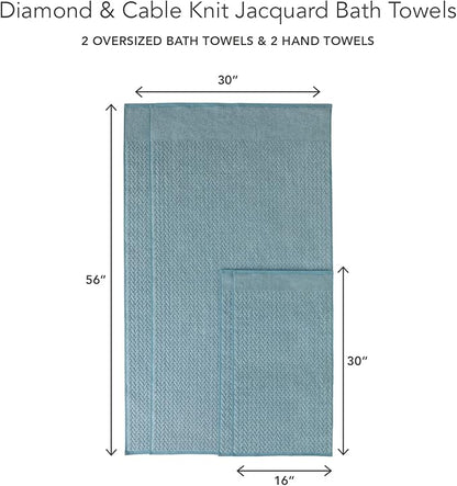 Texere 100% Organic Cotton Jacquard 650 GSM Premium Bath Towel Sets - Extra Absorbent Quick Dry and Plush (Cable, Smoke Blue, 2 Bath & 2 Hand Towels)