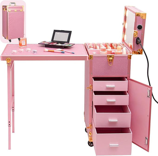 Icoget Portable Nail Table, Rolling Manicure Table w/3 Color Light and Speaker, Portable Nail Tech Desk, Foldable Nail Travel Case for Nail Tech w/Wheel, Colorful Pink