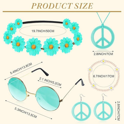 Batiyeer 6 Pcs Hippie Costume Accessories Set, Boho Peace Sign Daisy Flower 60s 70s Party Favors Decor for Groovy Party Women