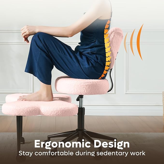 Ergonomic Cross Legged Chair, 360° Swivel Meditation Chair with Wheels, Height Adjustable Seat for ADHD, Strong Lumbar Support, Chic Home Office Furniture, Teddy Fabric, Pink