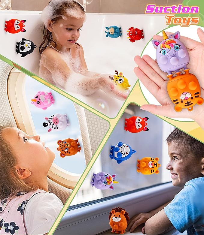 Animal Pop Fidget Toys with Suction, 12PCS Silicone Stress Relief Toys for Calming, Autism and ADHD, Fidgets for Kids Classroom, Travel & Bath Toys for Toddlers, Gifts for Kids Girls Boys