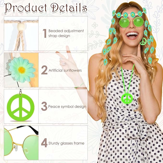 6 Pcs Hippie Costume Accessories Set, Flower Hippie Headband Boho Peace Sign Necklace Earrings Sunglasses Bracelet