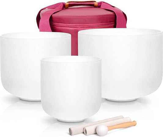 Alioth (7"A+9"E+11"C) Set of 3 Crystal Singing Bowls with Sturdy Carrying Case and Singing Bowl Mallets