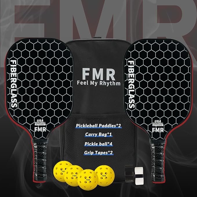 Pickleball Paddles Set of 2 with 4 Balls - USAPA Approved Fiberglass Surface, Lightweight, Non-Slip Grip - Premium Paddle Set for All Skill Levels Indoor & Outdoor