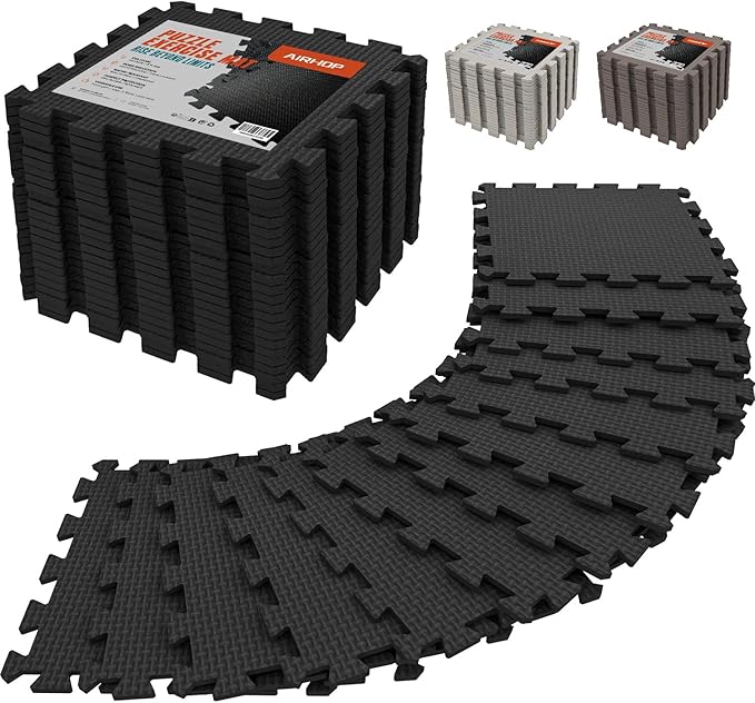 AIRHOP 18 Tiles Gym Floor Mat, EVA Foam Puzzle Gym Mat, High-Density Interlocking Foam Floor Tiles for Home Gym, Play Workout Garage Kitchen Flooring