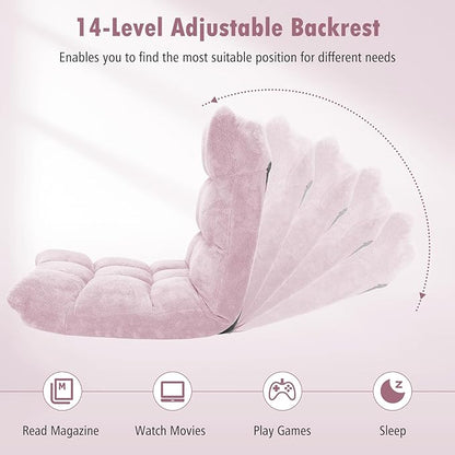 Moccha 14-Position Floor Sofa, Folding Sofa Chair with Back Support, Memory Foam Floor Gaming Chairs for Adults, Adjustable Padded Couch Recliner, Chaise Lounge for Reading, Meditating (Light Pink)