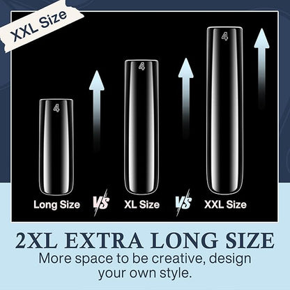 XXL Nail Tips Square 504 Pcs 12 Sizes - No C Curve Flat Square Nail Tips Clear 2XL Full Cover Tapered Gel Acrylic Fake Nails Gelly Tips for Nail Extension Nail Art