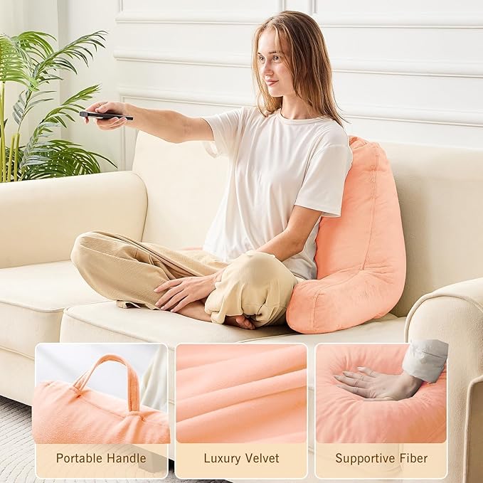 Sasttie Reading Pillow, Velvet Back Pillow for Bed Sitting Up, Adult Back-Rest Support Cushion with Arms for Sit Up on Couch, Sofa, and Floor, Dorm Essentials, Reading Accessories, Light Salmon