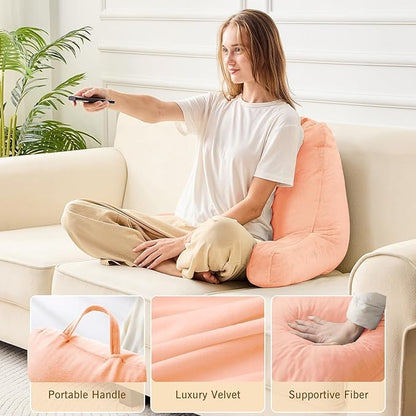 Sasttie Reading Pillow, Velvet Back Pillow for Bed Sitting Up, Adult Back-Rest Support Cushion with Arms for Sit Up on Couch, Sofa, and Floor, Dorm Essentials, Reading Accessories, Light Salmon