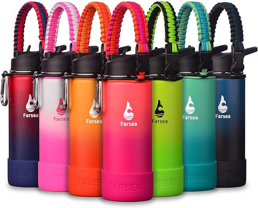 Farsea Insulated Water Bottle With Paracord Handle, Protective Silicone Boot and 2 Lids (Straw Lid & Spout Lid), Stainless Steel Water Bottle Wide Mouth, Double Wall Sweat-Proof BPA-Free, 18 oz