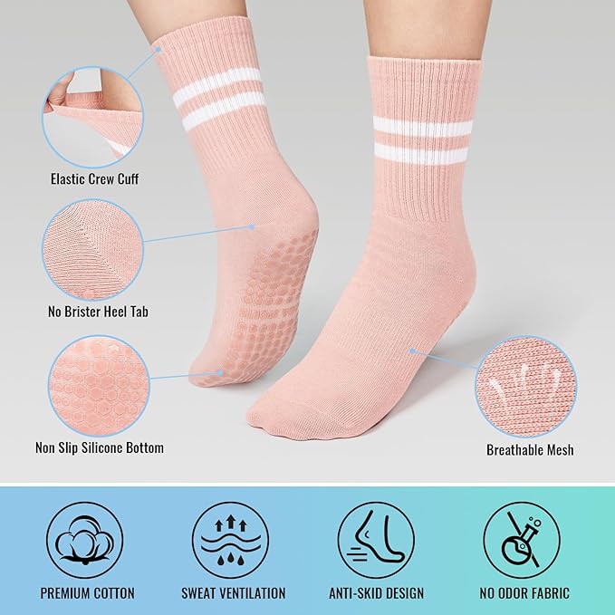 5 Pairs Pilates Socks with Grips for Women - Grip Yoga Socks for Women Non Slip Grippy Sock for Pure Barre, Dance, Barefoot, Workout, Hospital Sticky Slipper Socks-Pink/White/Black/Gray/Blue