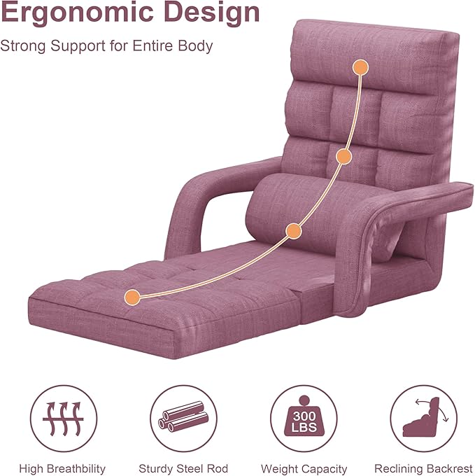 Adjustable Floor Gaming Chair for Adults, 6-Position Chaise Lounge Chair with Meditation Arm, Foldable Lazy Sofa with Pillow, Comfy Chair Indoor for Bedroom Dorm Living Room, Purple
