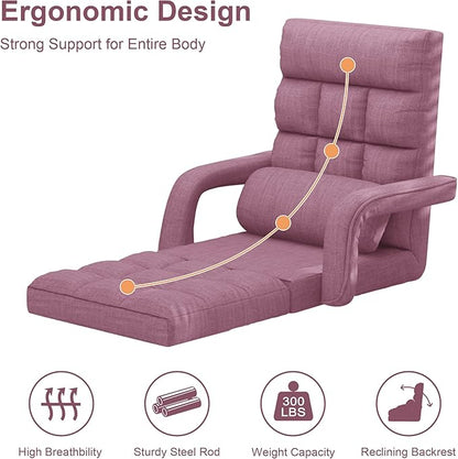 Adjustable Floor Gaming Chair for Adults, 6-Position Chaise Lounge Chair with Meditation Arm, Foldable Lazy Sofa with Pillow, Comfy Chair Indoor for Bedroom Dorm Living Room, Purple