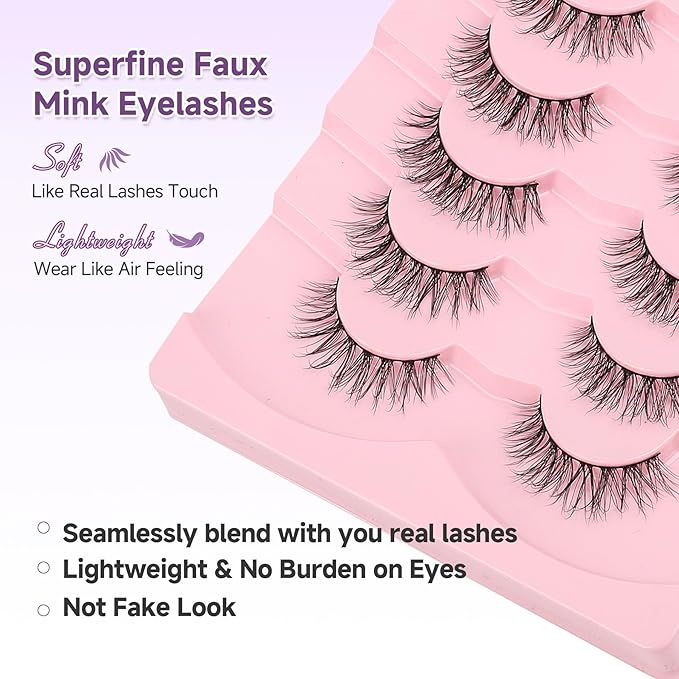 Natural Eyelashes False Eyelashes Natural Lashes 15mm Wispy Eyelashes with Thin Band 3D Volume False Lashes Soft Strip Lashes Pack C Curl Natural Eye Lashes Fake Eyelashes 7 Pair EVENTILL