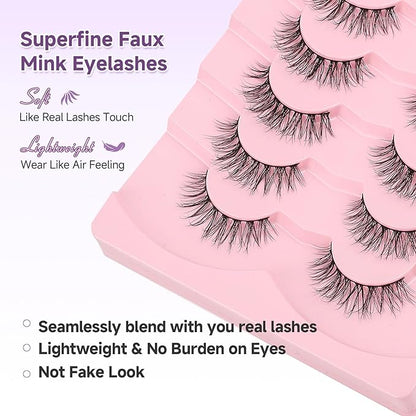 Natural Eyelashes False Eyelashes Natural Lashes 15mm Wispy Eyelashes with Thin Band 3D Volume False Lashes Soft Strip Lashes Pack C Curl Natural Eye Lashes Fake Eyelashes 7 Pair EVENTILL
