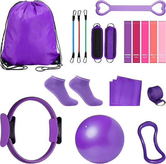 Home Pilates Essentials Kit for Women: 18Pcs Pilates Workout Equipment Set with Pilates Ring, Yoga Ball, Resistance Band, Pilates Fitness Set for Legs Arms, Gym Back Bag, Anti Slip Socks