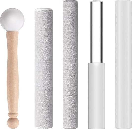 Nuanchu 5 Pcs Crystal Singing Bowl Mallet Set Includes Sheepskin Solid and Hollow Sound Sticks Singing Bowl Rubber Mallet with Wood Handle Clear Acrylic Striker for Playing(Silver)