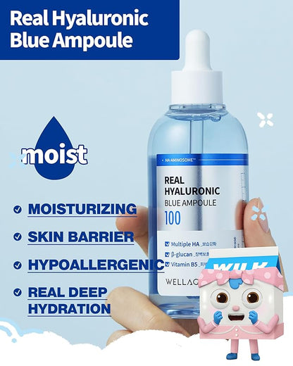 WELLAGE Real Hyaluronic Blue Ampoule 100, Korean Skincare, Fragrance Free Hyaluronic Acid Serum with Panthenol, Wild yam, Centella, Deep Hydration, Firming, Plumping, Non-Sticky 3.38 fl.oz.+2.54 fl.oz