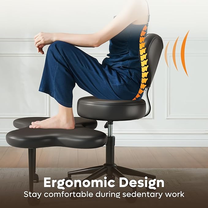 Ergonomic Cross Legged Chair, 360° Swivel Meditation Chair with Wheels, Height Adjustable Seat for ADHD, Strong Lumbar Support, Chic Home Office Furniture, PU Leather, Black
