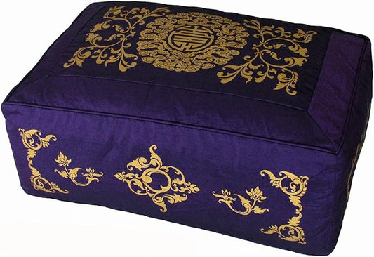 Meditation Cushion - Rectangular Zafu Buckwheat and Kapok Fill Longevity Celestial Vine Purple