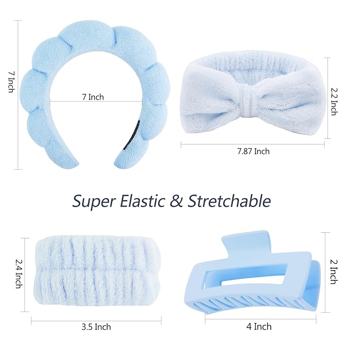 VELSCRUN Spa Headbands for Wash Face, Makeup Headband, Facial Skincare Headbands, 5 Pcs Blue Puffy Sponge Spa Headband Bow Tie Hair Band Hair Clips Wristband Set Women Girls Accessories