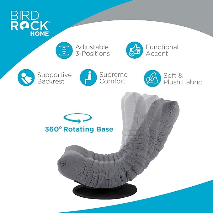 BIRDROCK HOME Swivel Floor Chair - 360 Adjustable Memory Foam Lounge Seat - Gaming - Comfortable Back Support - Cushion Dorm Rocker - Comfy for Reading Game Meditating - Fully Assembled (Grey)
