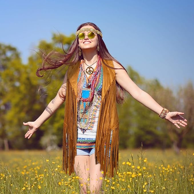 6 Pcs 60s 70s Outfits for Women Hippie Costume Set Peace Sign Earring Headband Fringe Vest Tassel Cardigan