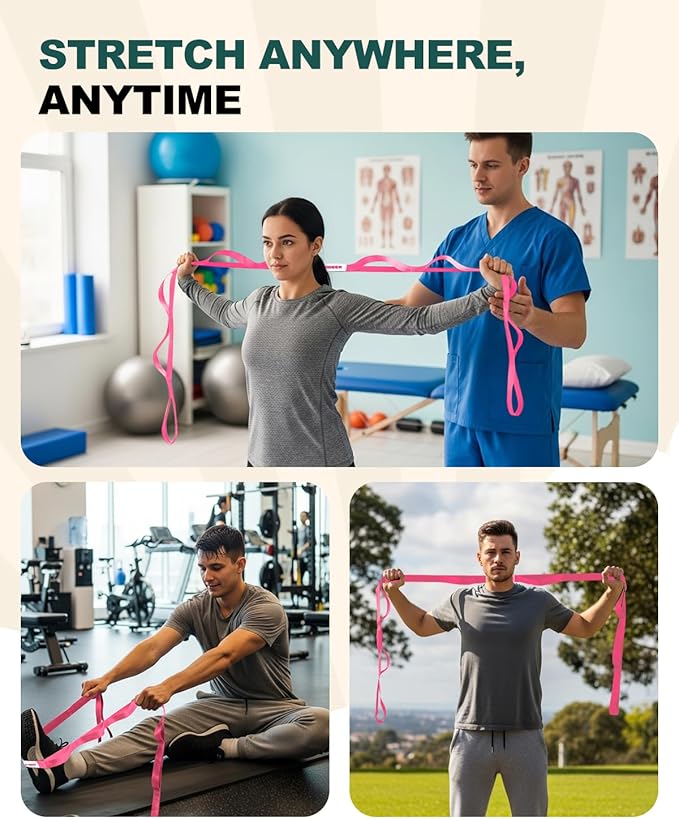 Trideer Stretching Strap Yoga Strap Physical Therapy for Home Workout, Exercise, Pilates and Gymnastics, 10 Loops Non-Elastic Stretch Bands with Aesthetic Packaging for Women & Men