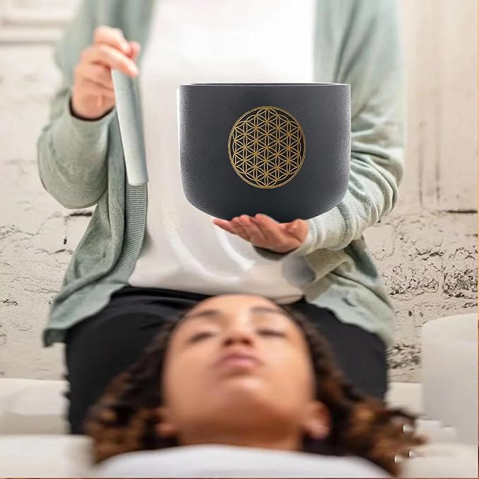 11" C Note Crystal Singing Bowl Black Life of Flower Root Chakra Quartz Singing Bowl Meditation Sound Healing with Suede Striker O-ring