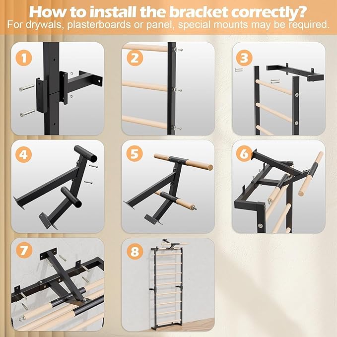 Swedish Ladder, Wood Stall Bars Suspension Trainer with Pull-Up Bar & Rings for Straps, Swedish ladders Wall Gym Adult, Wall-Mounted Workout Ladder for Home, Gym, School