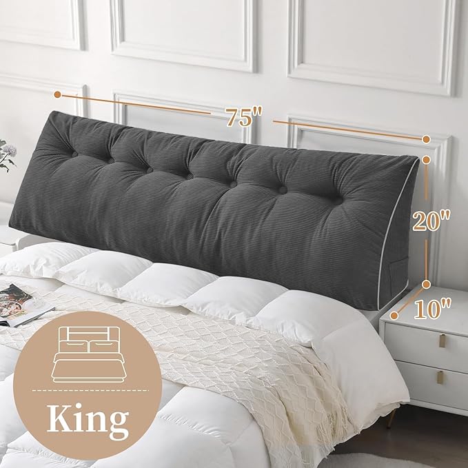 Sasttie Headboard Pillow King, Wedge Pillow Headboard for Sitting Up in Bed, Back-Rest Support Triangular Cushion for Reading - Features Removable Washable Cover, Dark Grey