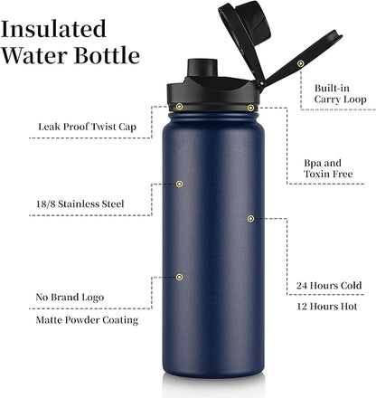24 oz Insulated Water Bottle Bulk 4 Pack, Stainless Steel Sports Water Bottles with Straw Lid & Wide Mouth Lids, Double Walled Vacuum, Leak Proof, Blue