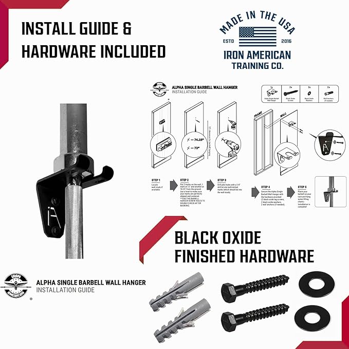 IRON AMERICAN Alpha Barbell Gym Wall Mount Storage 100+ Pound Capacity - Multi-Use Barbell Wall Holder, Barbell Hanger 4.25 x 6.75 x 7.25 Inches - Holds Any Standard Olympic Barbell - Hardware Included