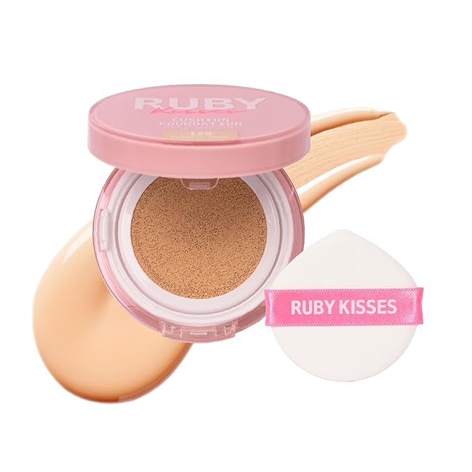 Ruby Kisses Cushion Foundation, Full Coverage Korean Makeup, Lightweight & Long Lasting, All Day Natural Glowy Finish for All Skin Types with Hyaluronic Acid & Bakuchiol (Classic Ivory, 0.52 Ounce)