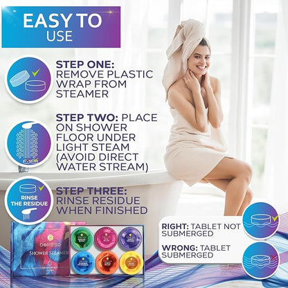Aromatherapy Shower Steamers Gift Set, Six Fizzies - Uplifting, Relaxing, Stress Relief Scents for Women and Men - Self Care Home Spa Experience - Christmas Day Stocking Stuffers and Relaxation Gifts