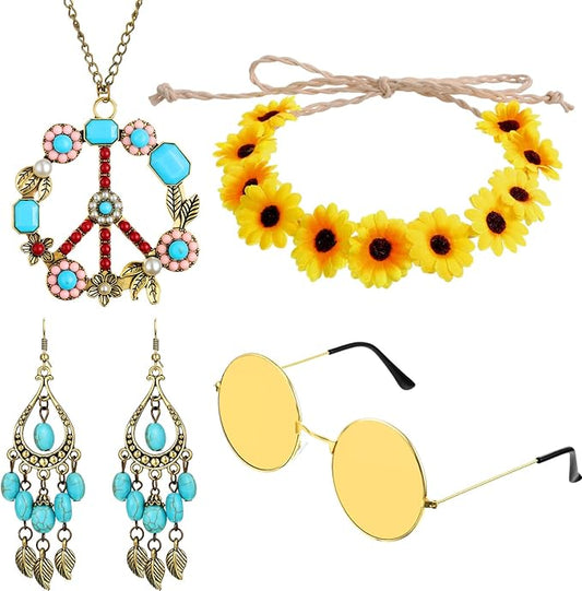 Hicarer Hippie Costume Accessories Include Sunglasses, Peace Sign Necklace, Boho Headband and Earring for 60s 70s Party
