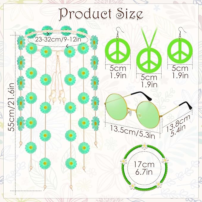 6 Pcs Hippie Costume Accessories Set, Flower Hippie Headband Boho Peace Sign Necklace Earrings Sunglasses Bracelet