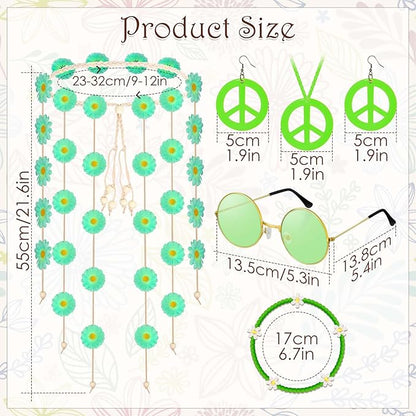6 Pcs Hippie Costume Accessories Set, Flower Hippie Headband Boho Peace Sign Necklace Earrings Sunglasses Bracelet