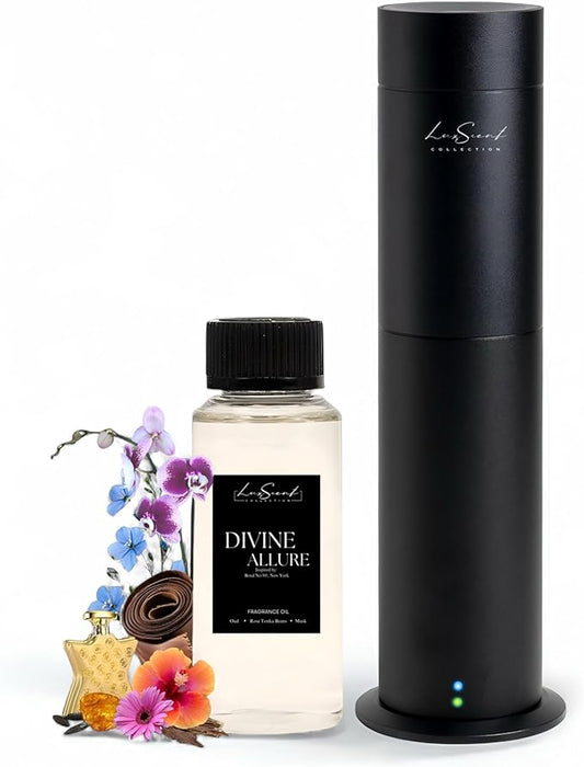 Aroma Scent Diffuser Starter Kit for Up to 1000SQ. FT. Coverage - 120ML Waterless Essential Oil Scent Included - Luxury Aroma Diffuser Ideal for Home, Office & Hotel (Black, Divine Allure)