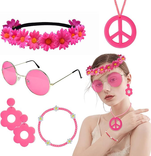 Hippie Costume Accessories Set Peace Sign Necklace Sunglasses Flower Headband Earrings for 60s 70s Outfit Party Women