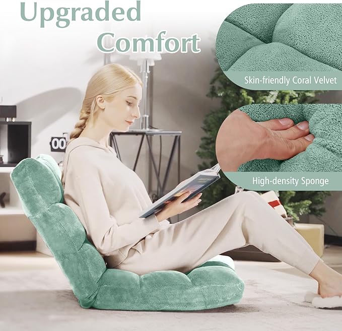 RELAX4LIFE Floor Chair with Back Support - 14-Position Adjustable Lazy Sofa Chair, Padded Sleeper Bed & Couch Recliner for Reading Meditation, Folding Floor Gaming Chair for Adults (Green)