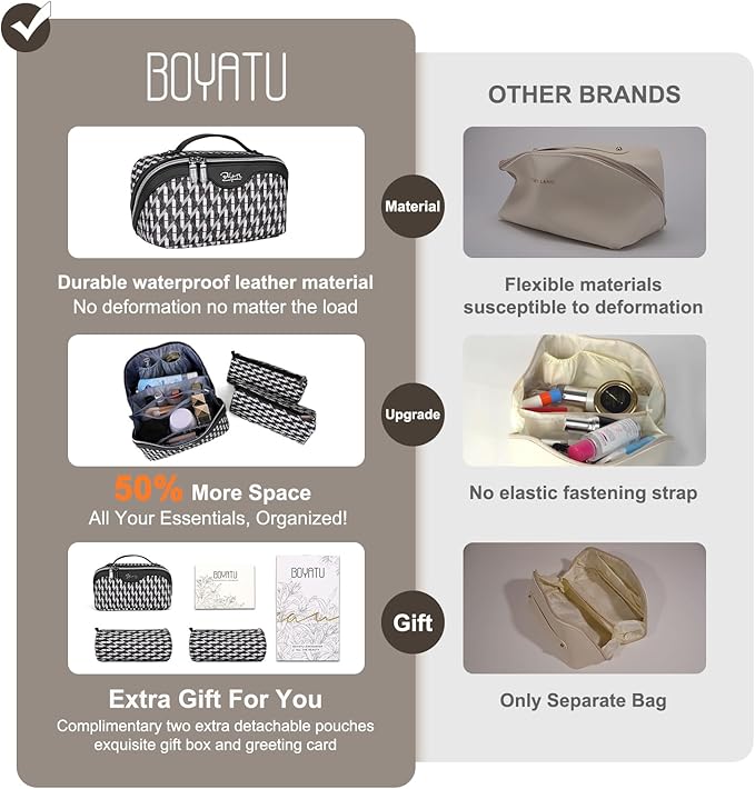 BOYATU Travel Makeup Bags for Women: Large Capacity Cosmetic Bag Set of 3 - Vegan Leather Make up Bags with Compartments - Wide Open Waterproof Toiletry Organizer Bag with Handle (E-04-Black)
