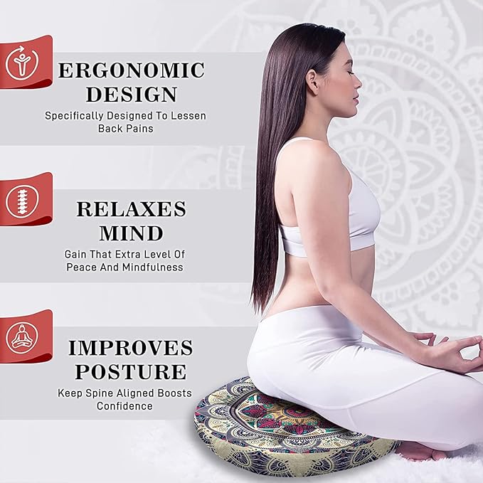 Mandala Meditation Cushion, Boho Meditation Mat, Meditation Pillows for Sitting on Floor, Cushions for Sitting in Home and Outdoor, Round Floor Pillows Cushion Seating for Yoga 22'' X 22''